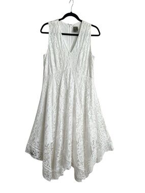 TAYLOR Ivory Lace MIDI Dress Size 12 Asymmetrical Hem Cottagecore Romantic Boho